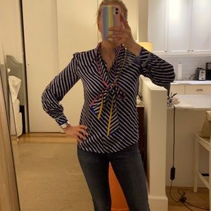 100% AUTHENTIC TORY BURCH BLUE STRIPED TOP WITH REMOVABLE NECK TIE SIZE 2
